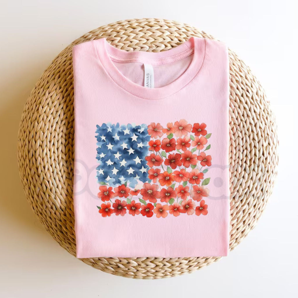 Floral American Flag T-Shirt – Patriotic Red Poppy Flower Independence Day Tee for Women