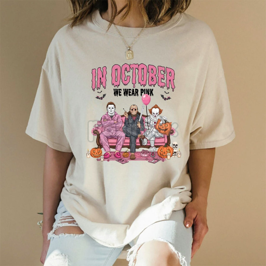 Women's "In October We Wear Pink" Halloween Graphic T-Shirt - Breast Cancer Awareness & Spooky Design Tee, Hot Topic Style Party Top