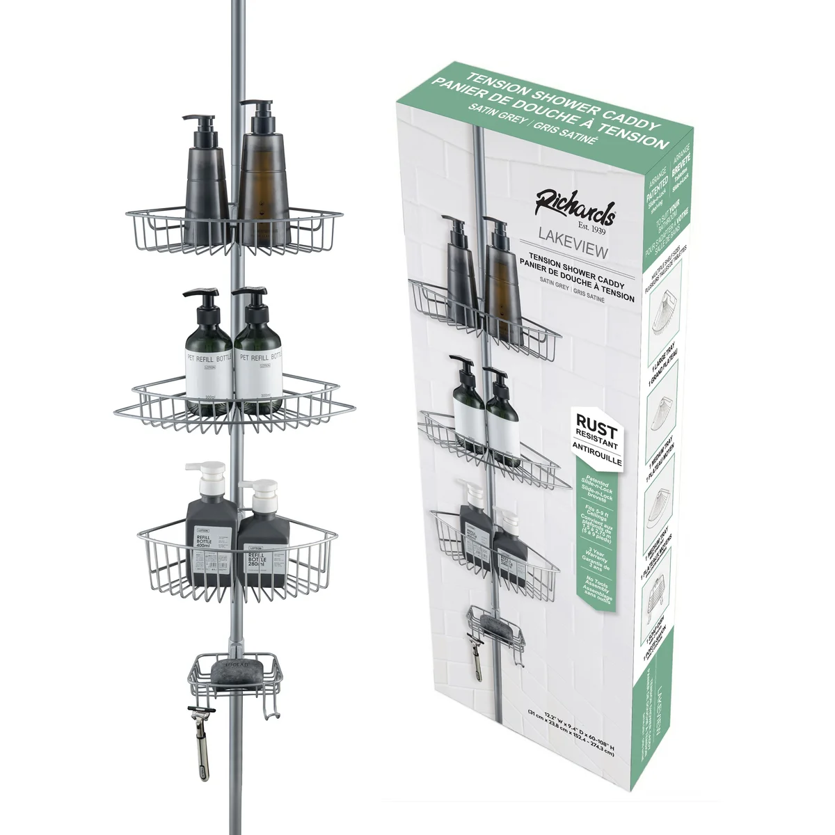 4-Tier Rustproof Shower Caddy Corner Organizer With Adjustable Shelves and Tension Pole