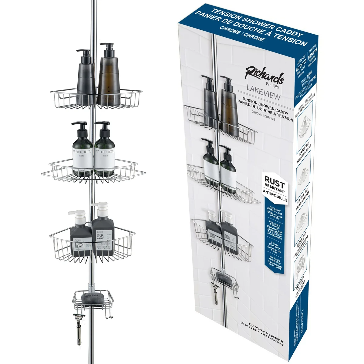 4-Tier Rustproof Shower Caddy Corner Organizer With Adjustable Shelves and Tension Pole