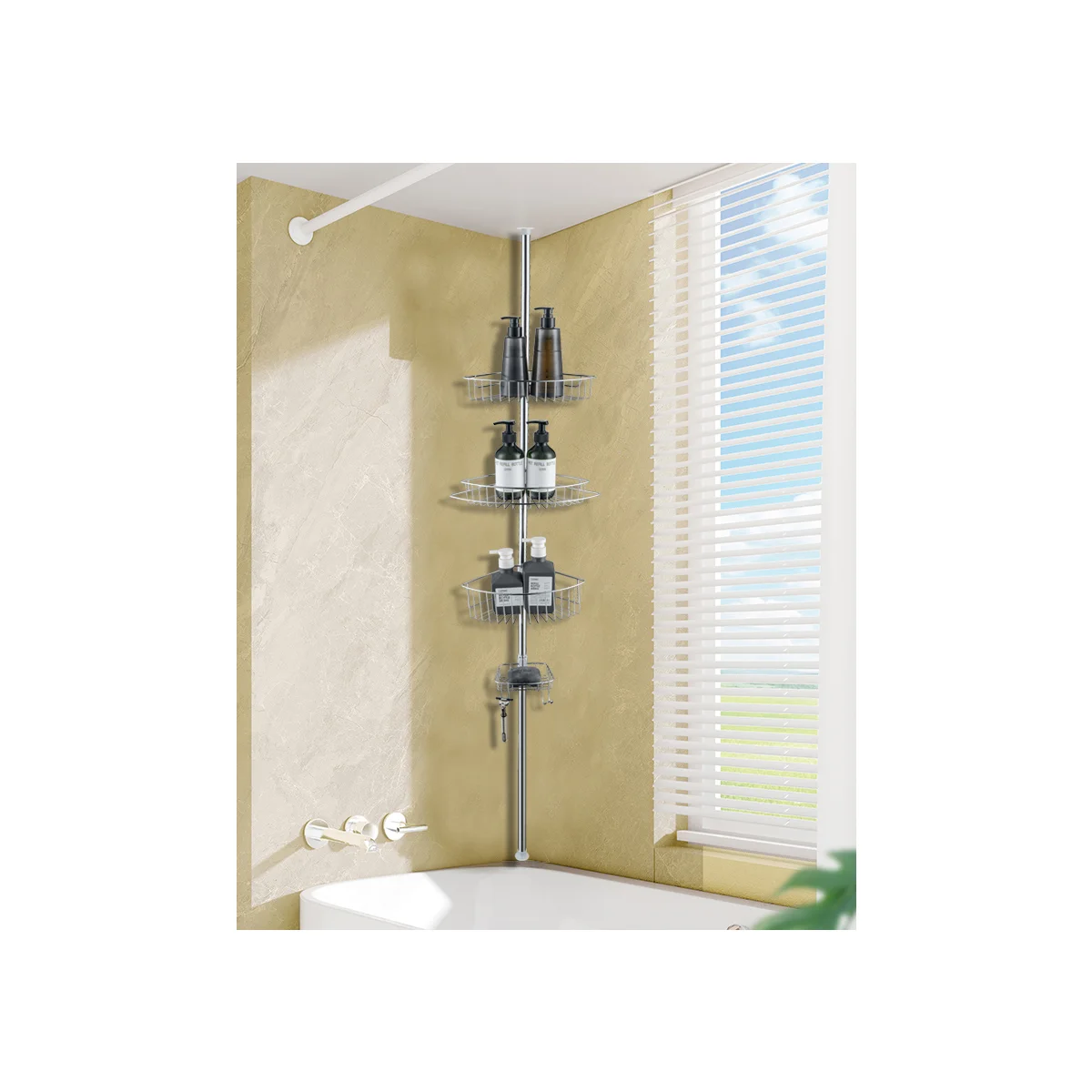 4-Tier Rustproof Shower Caddy Corner Organizer With Adjustable Shelves and Tension Pole