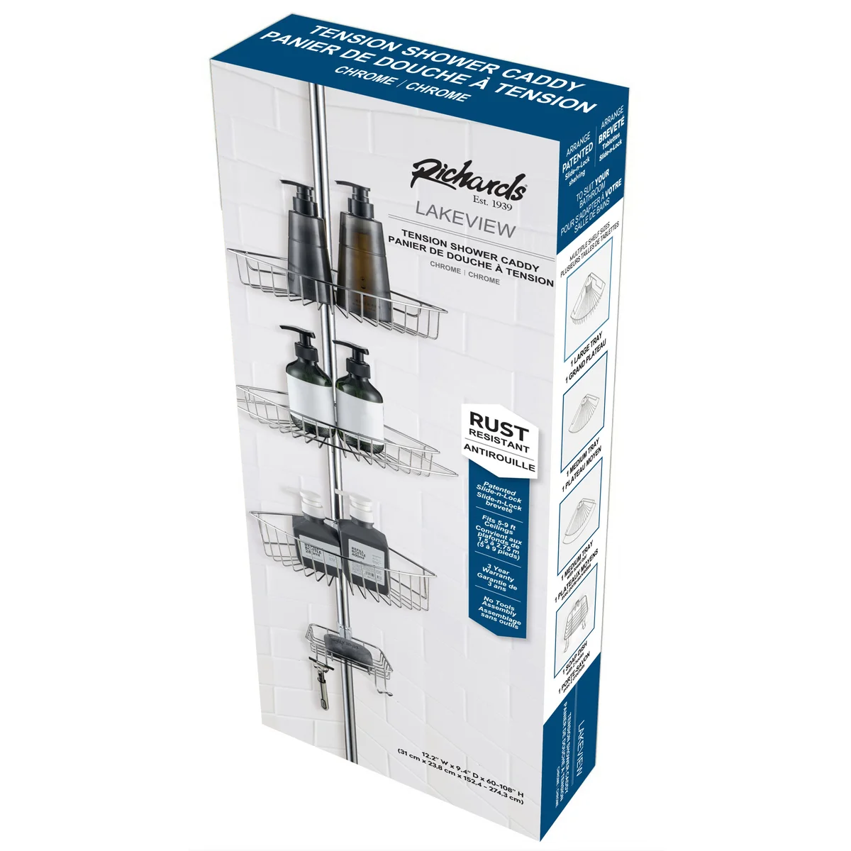 4-Tier Rustproof Shower Caddy Corner Organizer With Adjustable Shelves and Tension Pole