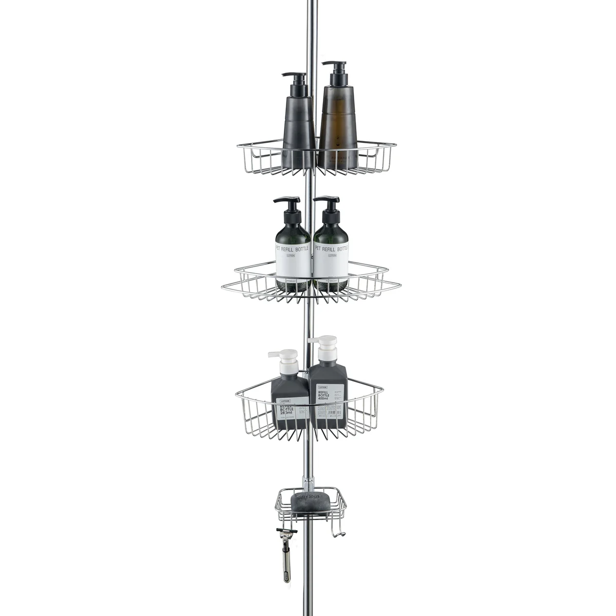 4-Tier Rustproof Shower Caddy Corner Organizer With Adjustable Shelves and Tension Pole