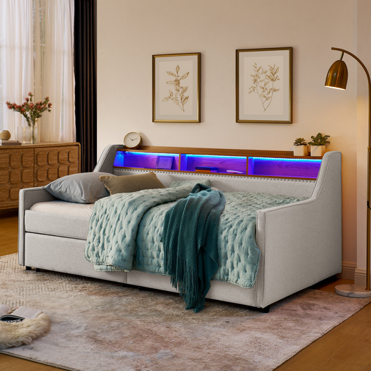 Twin Size Upholstery Sofa Bed with Three LED lights, with Storage Adjustable Headboard, with Two Storage Pull Up drawers and Wireless Charging, Linen Padded Sofa Bed frame, Beige