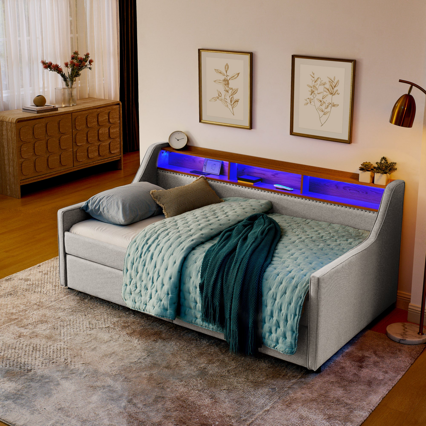 Twin Size Upholstery Sofa Bed with Three LED lights, with Storage Adjustable Headboard, with Two Storage Pull Up drawers and Wireless Charging, Linen Padded Sofa Bed frame, Beige