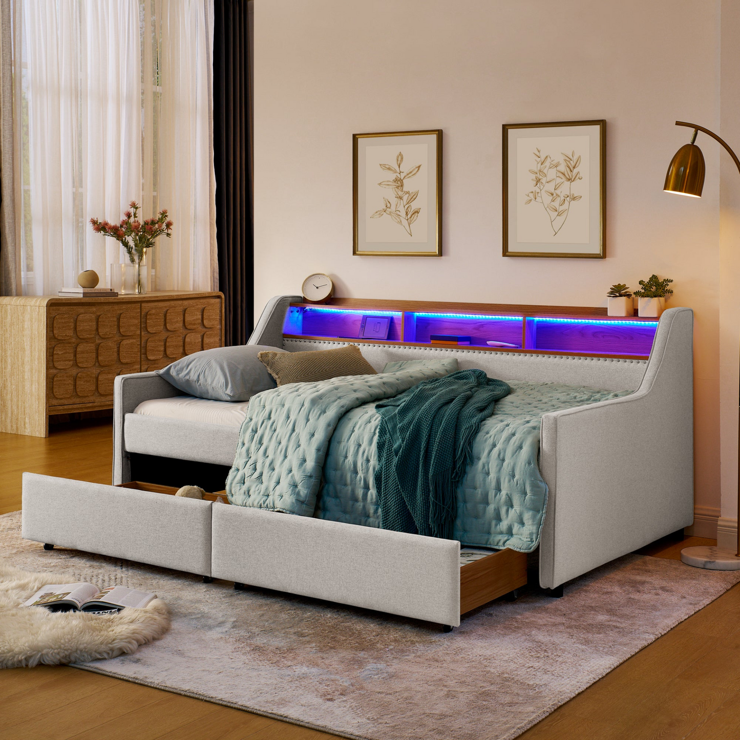 Twin Size Upholstery Sofa Bed with Three LED lights, with Storage Adjustable Headboard, with Two Storage Pull Up drawers and Wireless Charging, Linen Padded Sofa Bed frame, Beige