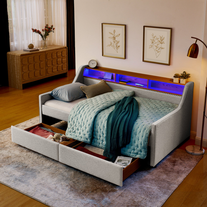 Twin Size Upholstery Sofa Bed with Three LED lights, with Storage Adjustable Headboard, with Two Storage Pull Up drawers and Wireless Charging, Linen Padded Sofa Bed frame, Beige