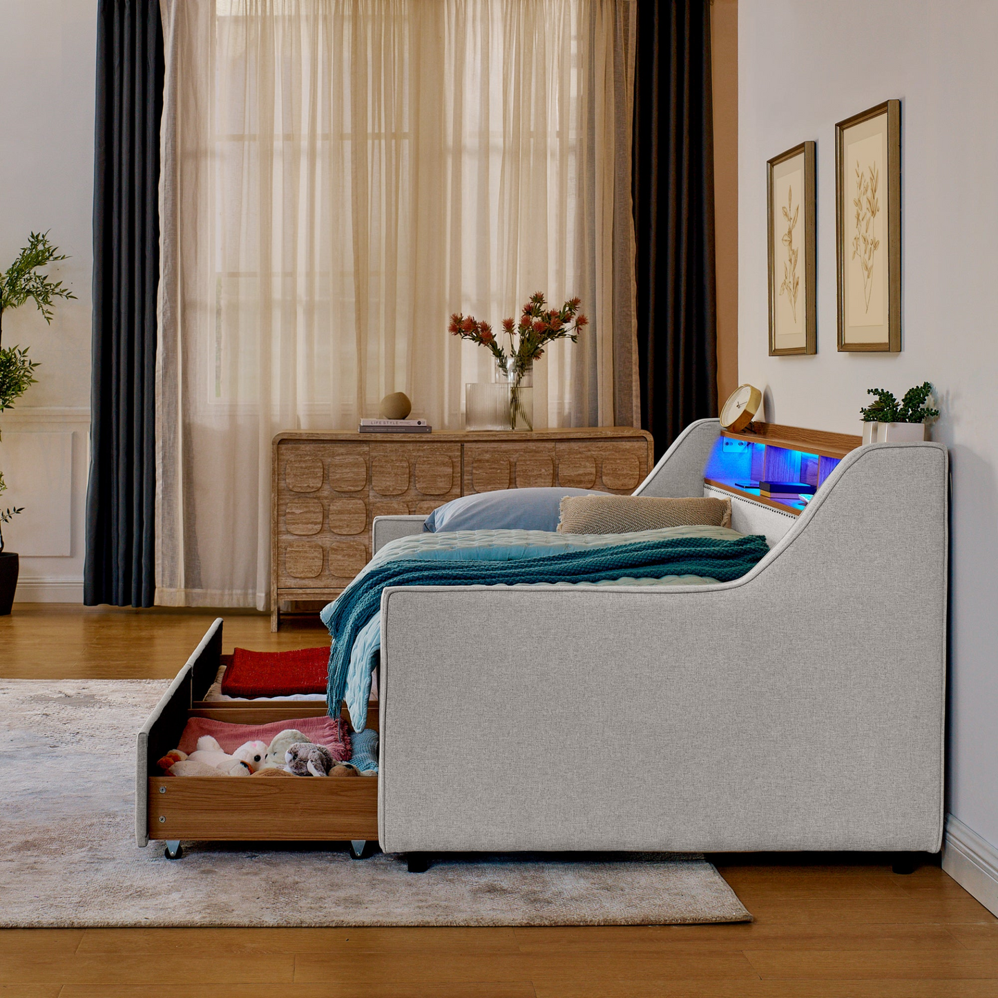 Twin Size Upholstery Sofa Bed with Three LED lights, with Storage Adjustable Headboard, with Two Storage Pull Up drawers and Wireless Charging, Linen Padded Sofa Bed frame, Beige