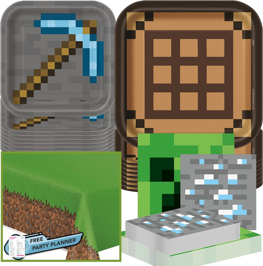 Unique Minecraft Party Table Decorations Dinnerware Bundle - Officially Licensed Dinner and Dessert Paper Plates, Luncheon and Beverage Paper Napkins and Table Cover