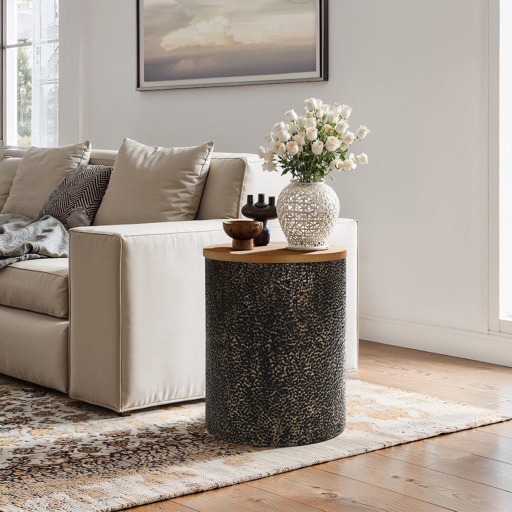 Black and Gold Hammered Iron Metal Table with MDF Wood Top and Storage