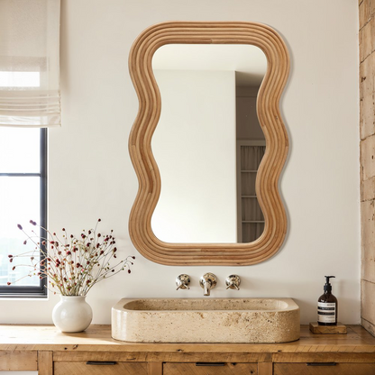 39-Inch Tall Rectangular Natural Cork Wood Wavy Frame Accent Wall Mirror