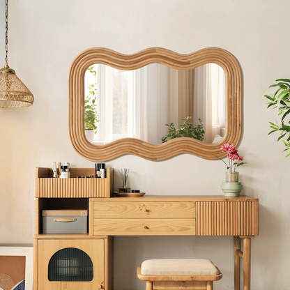 39-Inch Tall Rectangular Natural Cork Wood Wavy Frame Accent Wall Mirror