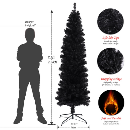 7.5FT Black Slim Artificial Christmas Tree  Includes Foldable Metal Stand