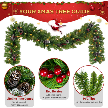 Pre-lit Xmas Tree Artificial Christmas 4-Piece Set,Garland, Wreath and Set of 2 Entrance Trees X-mas with LED Lights, Christmas Tree