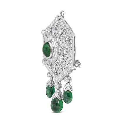 18K 2 3/4 Cttw Diamond and Emerald Dangle Art Deco Shield Brooch Pin Pendant (G-H Color, VS1-VS2 Clarity) CHAIN NOT INCLUDED