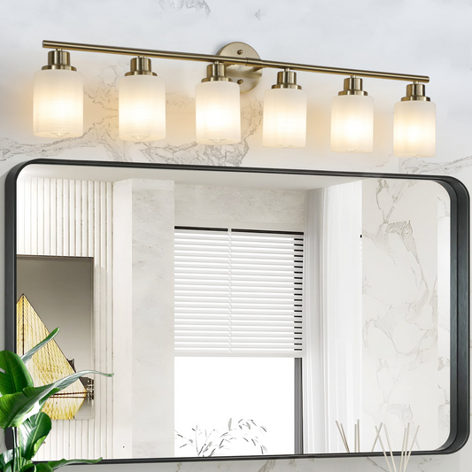 6-Light Golden Bathroom Vanity Light Fixture, Frosted Glass Shades, Modern Wall Mounted Lighting (No Bulbs)