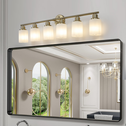 6-Light Golden Bathroom Vanity Light Fixture, Frosted Glass Shades, Modern Wall Mounted Lighting (No Bulbs)