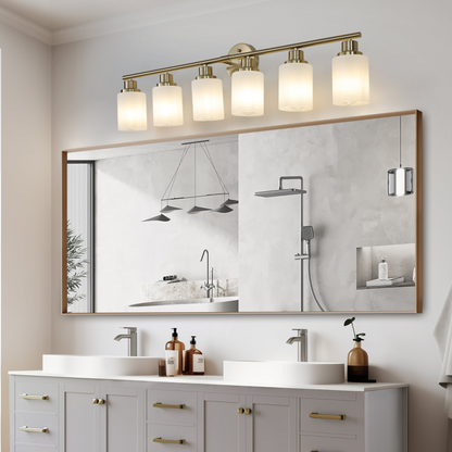 6-Light Golden Bathroom Vanity Light Fixture, Frosted Glass Shades, Modern Wall Mounted Lighting (No Bulbs)