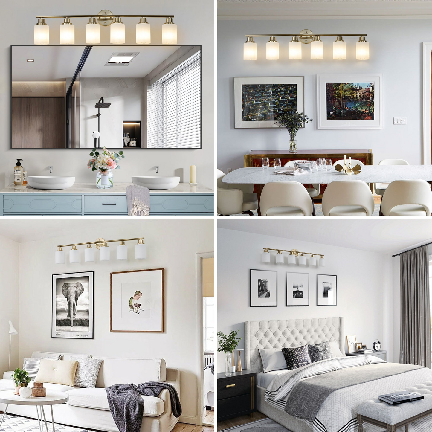 6-Light Golden Bathroom Vanity Light Fixture, Frosted Glass Shades, Modern Wall Mounted Lighting (No Bulbs)