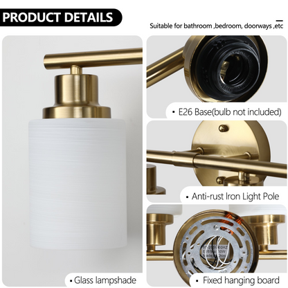 6-Light Golden Bathroom Vanity Light Fixture, Frosted Glass Shades, Modern Wall Mounted Lighting (No Bulbs)