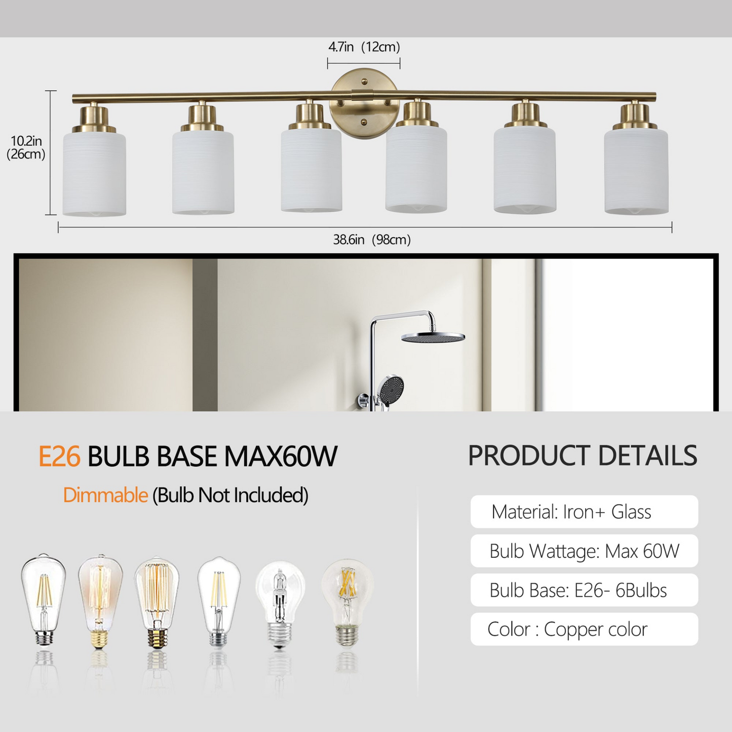 6-Light Golden Bathroom Vanity Light Fixture, Frosted Glass Shades, Modern Wall Mounted Lighting (No Bulbs)