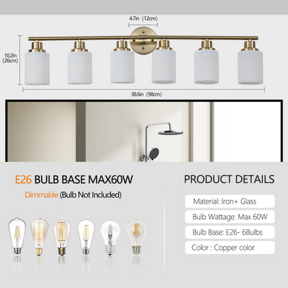 6-Light Golden Bathroom Vanity Light Fixture, Frosted Glass Shades, Modern Wall Mounted Lighting (No Bulbs)