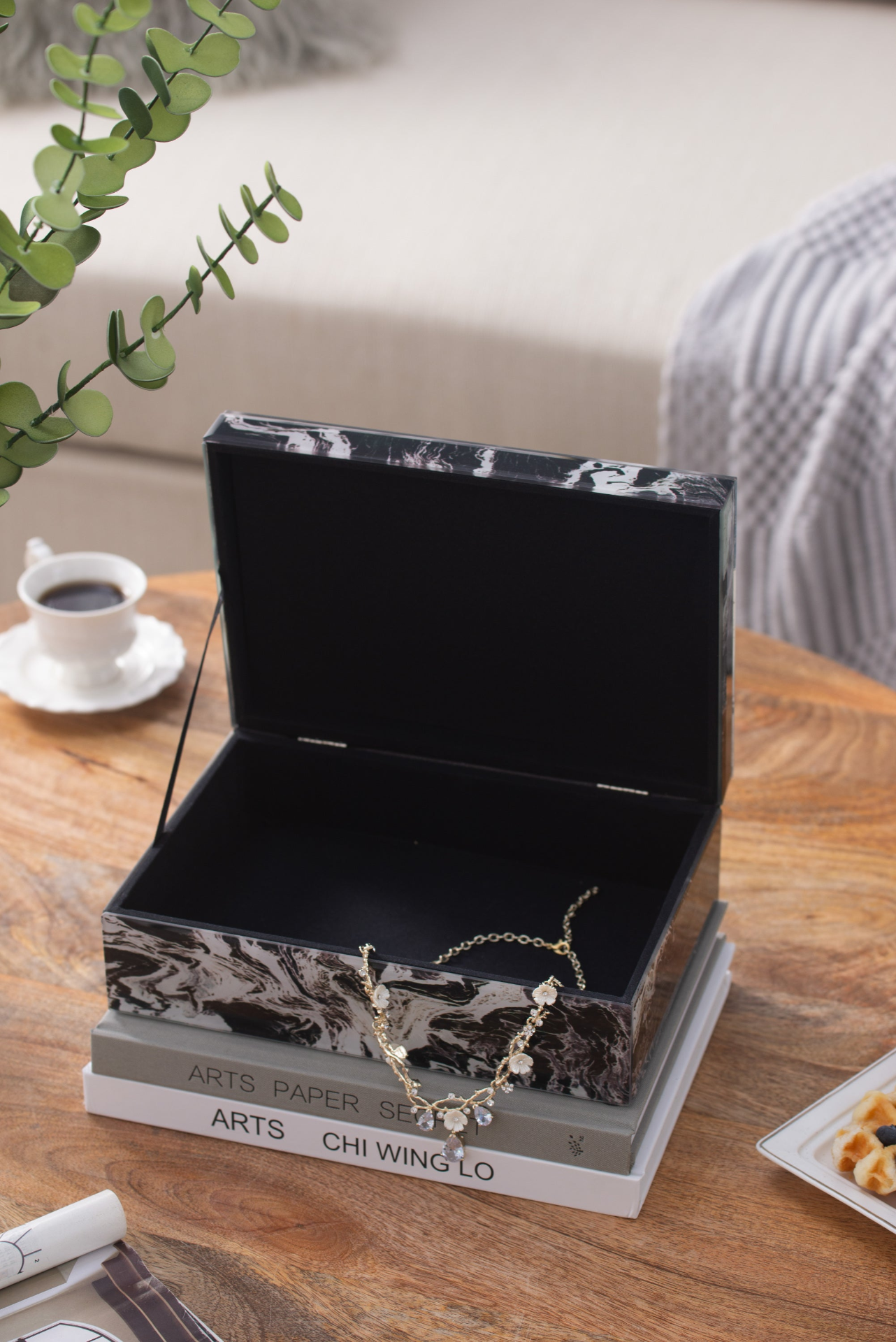 10" x 7" x 5" Black Marbled Jewelry Box, Stackable Decorative Storage Boxes With Lids