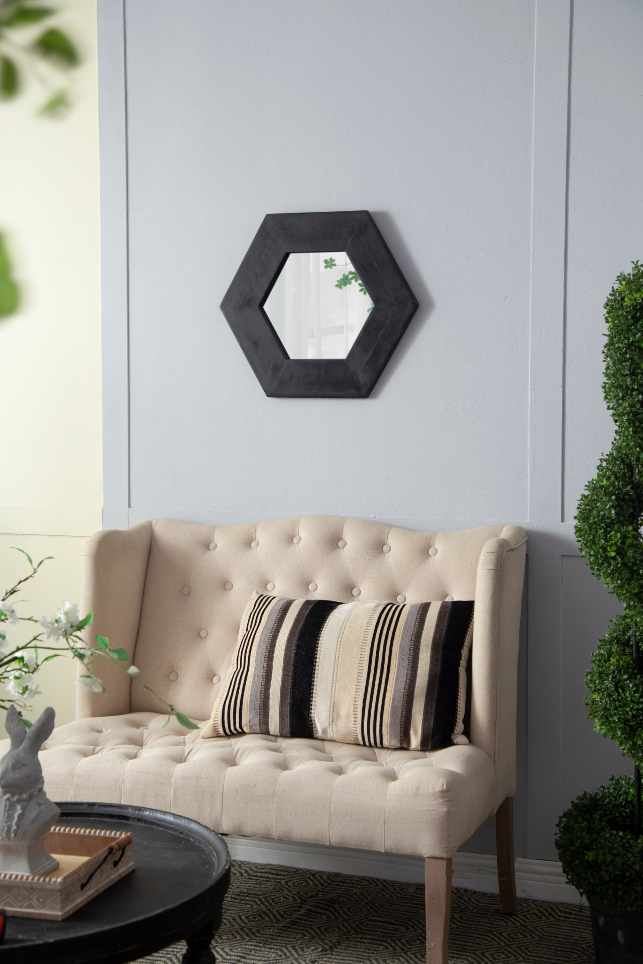 18.5" x 18.5" Hexagon Mirror with Solid Wood Frame, Wall Decor for Living Room Bathroom Hallway, Black