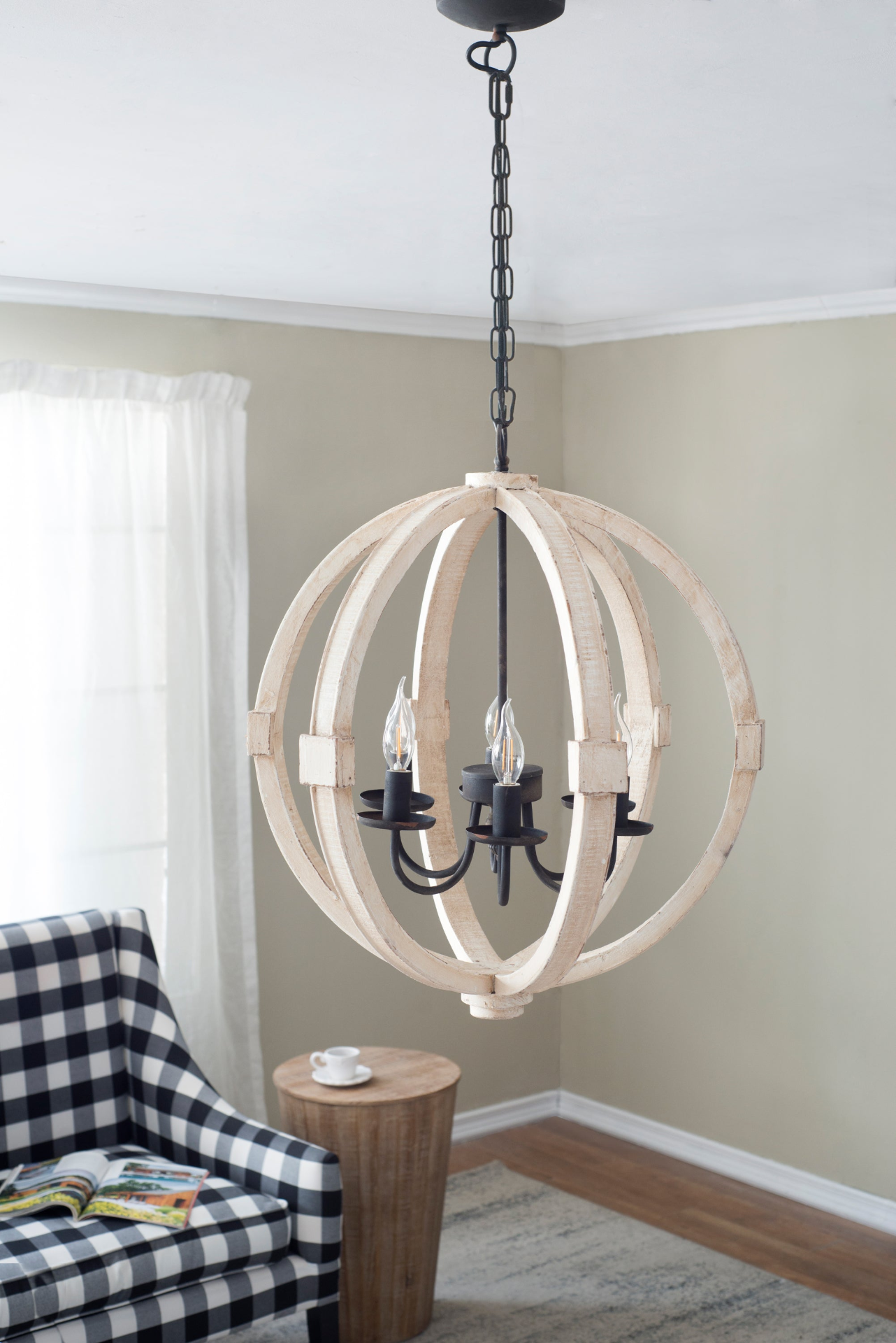 6 - Light Wood Chandelier, Hanging Light Fixture with Adjustable Chain for Kitchen Dining Room Foyer Entryway, Bulb Not Included