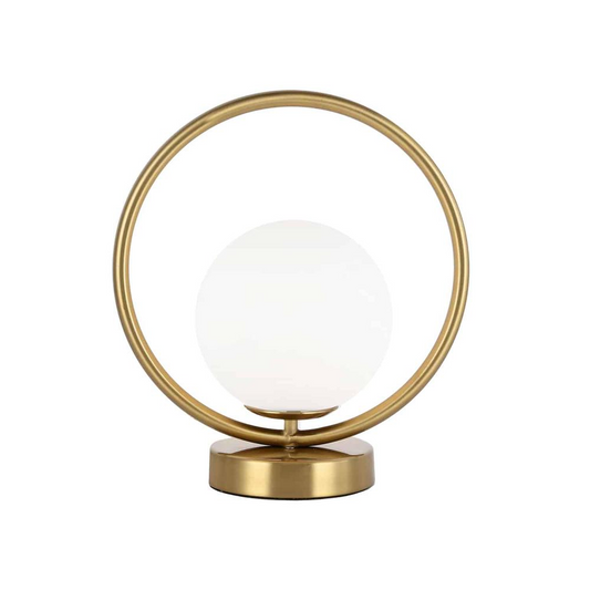 1LT Halogen Table Lamp Aged Brass, White Glass