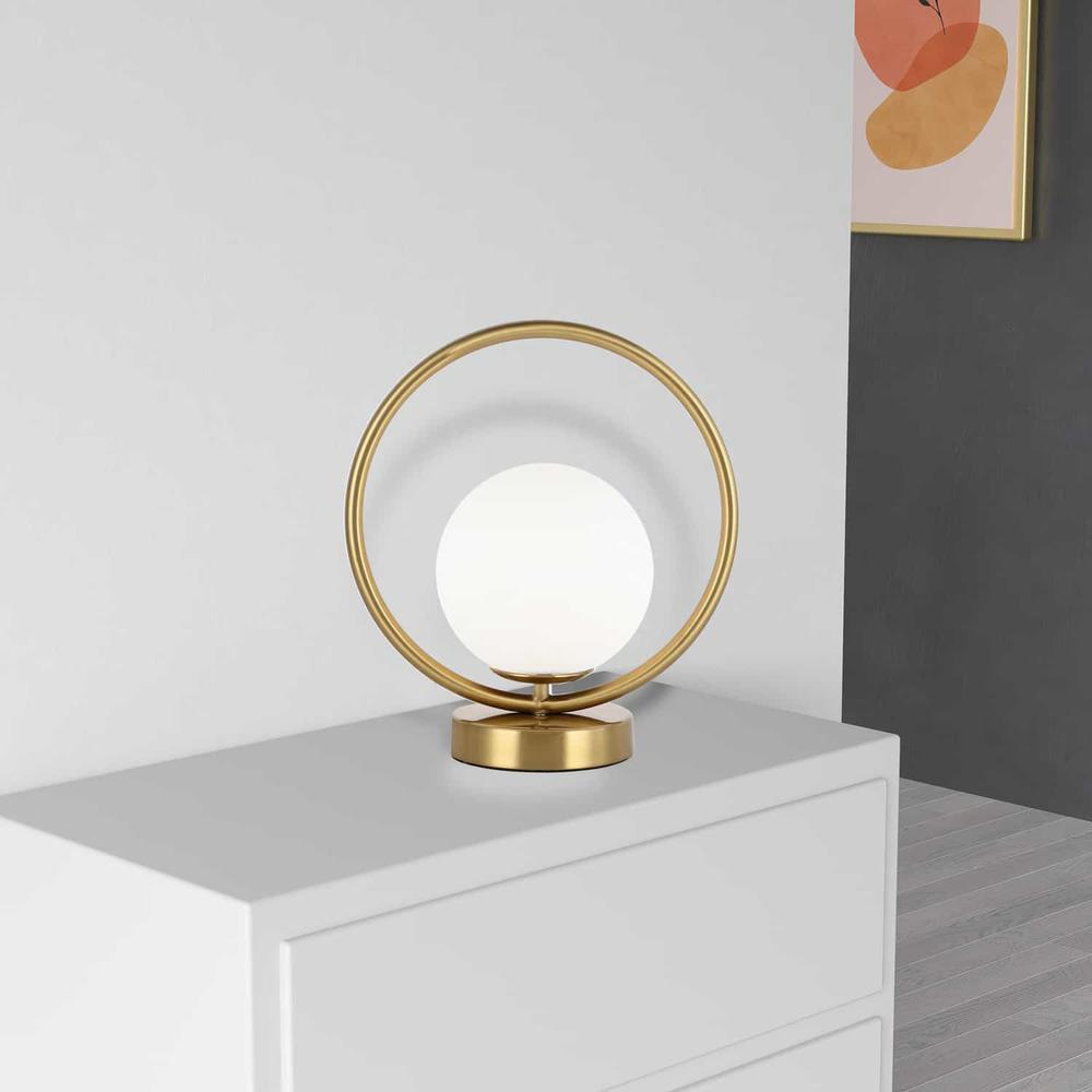 1LT Halogen Table Lamp Aged Brass, White Glass