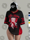 Streetwear Y2K Mesh Top – Vintage Doll Print V-Neck Shirt, Breathable Retro Aesthetic for Women