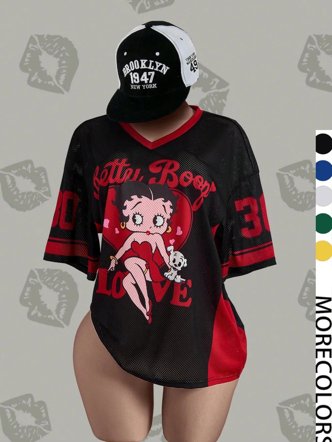 Streetwear Y2K Mesh Top – Vintage Doll Print V-Neck Shirt, Breathable Retro Aesthetic for Women