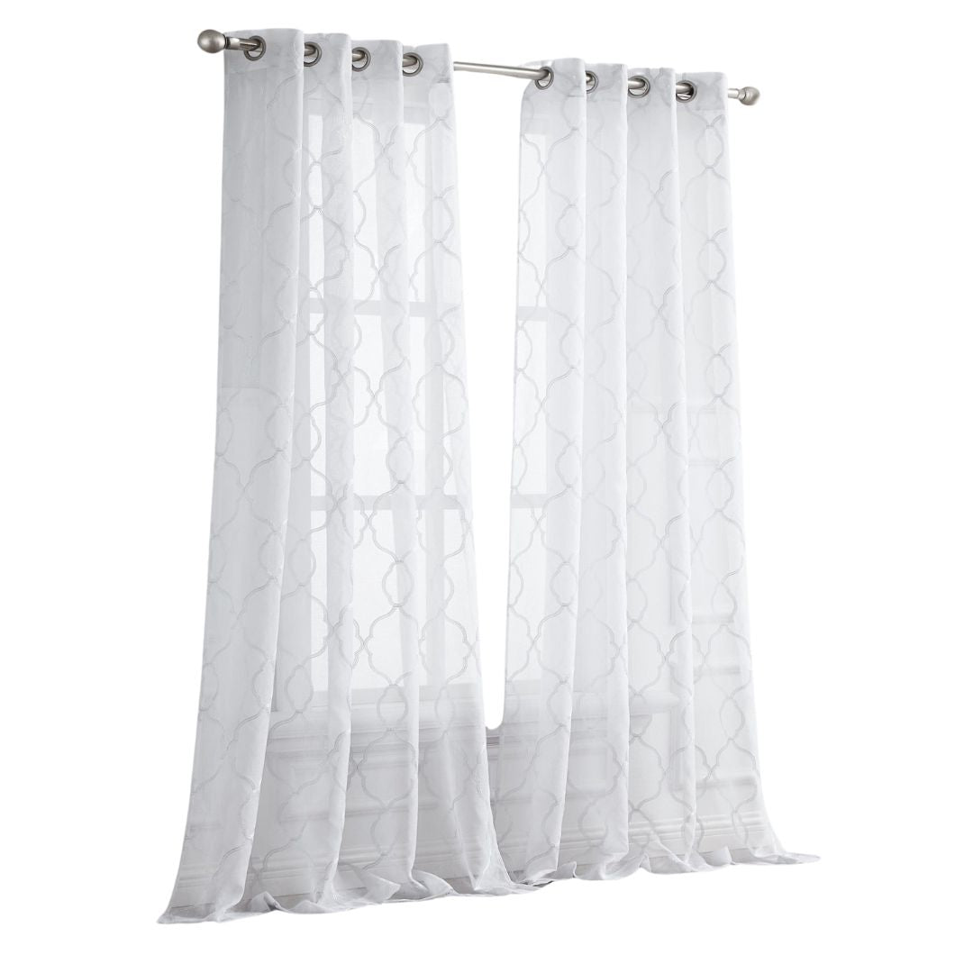 84” White Trellis Pattern Embroidered Window Curtain Panel