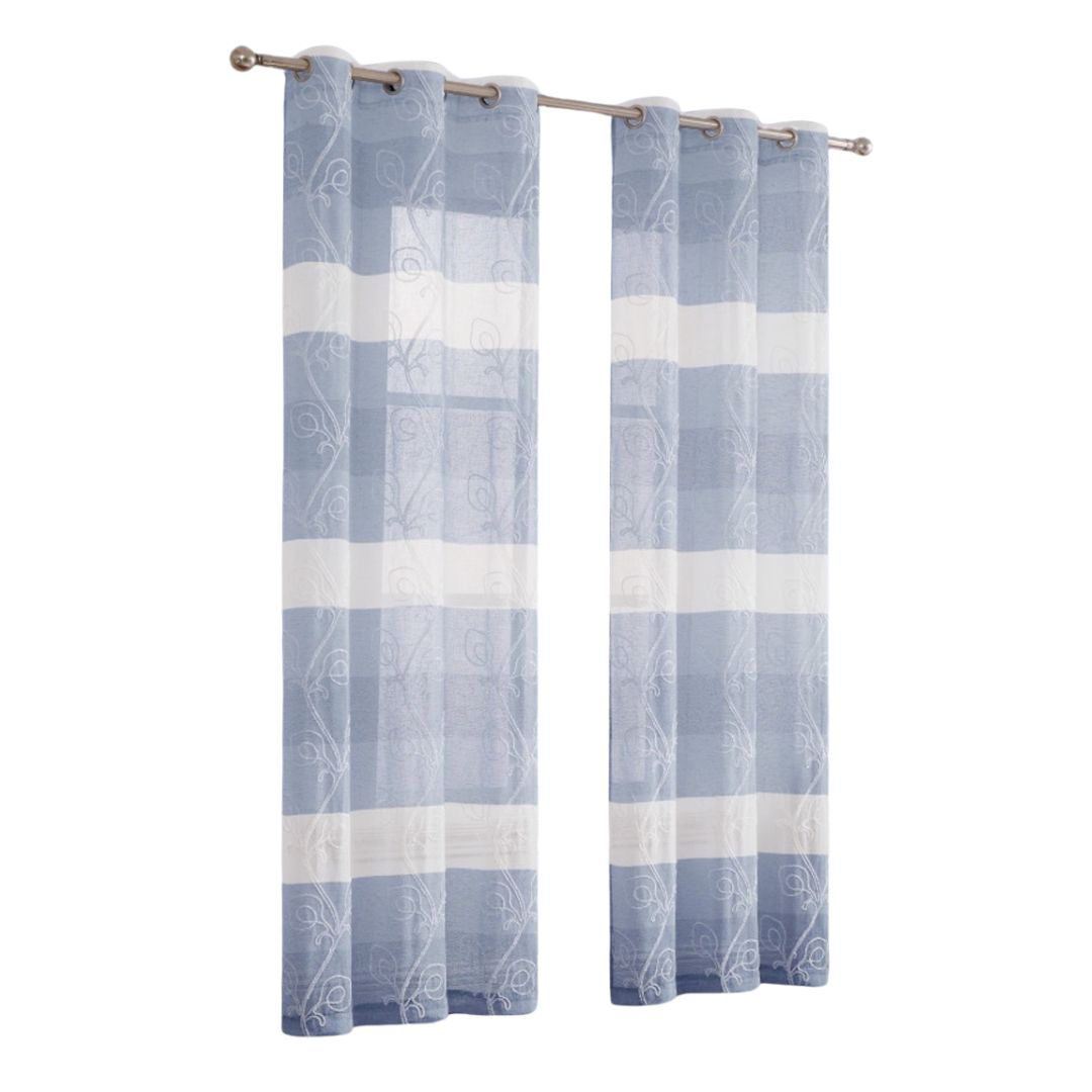 Set of Two 96"  Blue Striped Floral Embroidery Window Panels