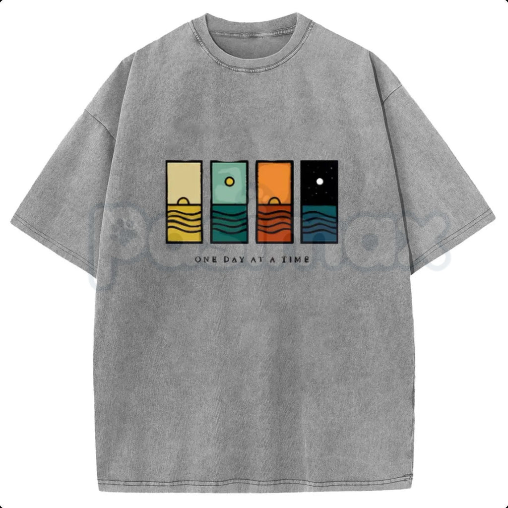 "One Day At A Time" Graphic T-Shirt – Oversize Acid Wash Vintage Tee, Lightweight Cotton Mindfulness Streetwear