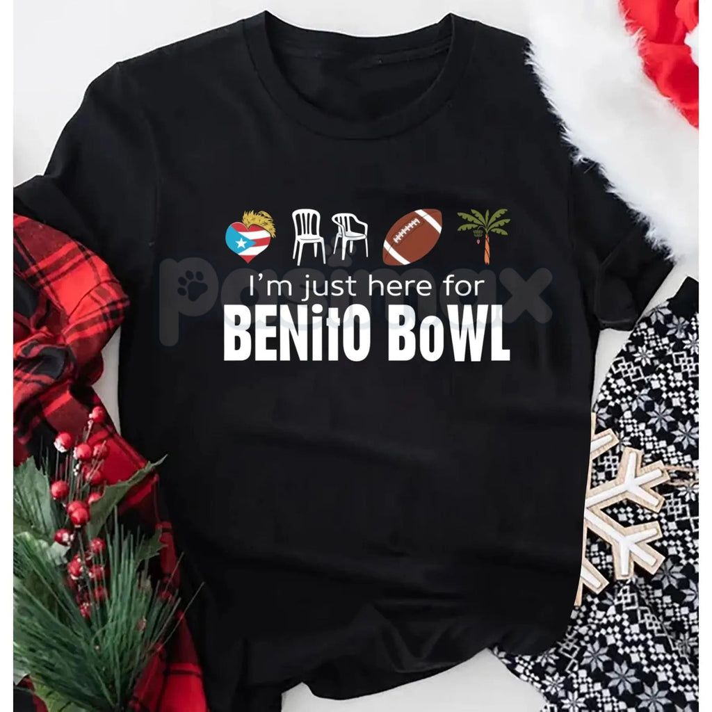 "I'm Just Here for the Benito Bowl" T-Shirt - Bad Bunnie Halftime Show 2026 Tee, Funny Football Sunday Graphic Shirt, Benito Fan Game Day Apparel, Reggaeton Music Lover Merch