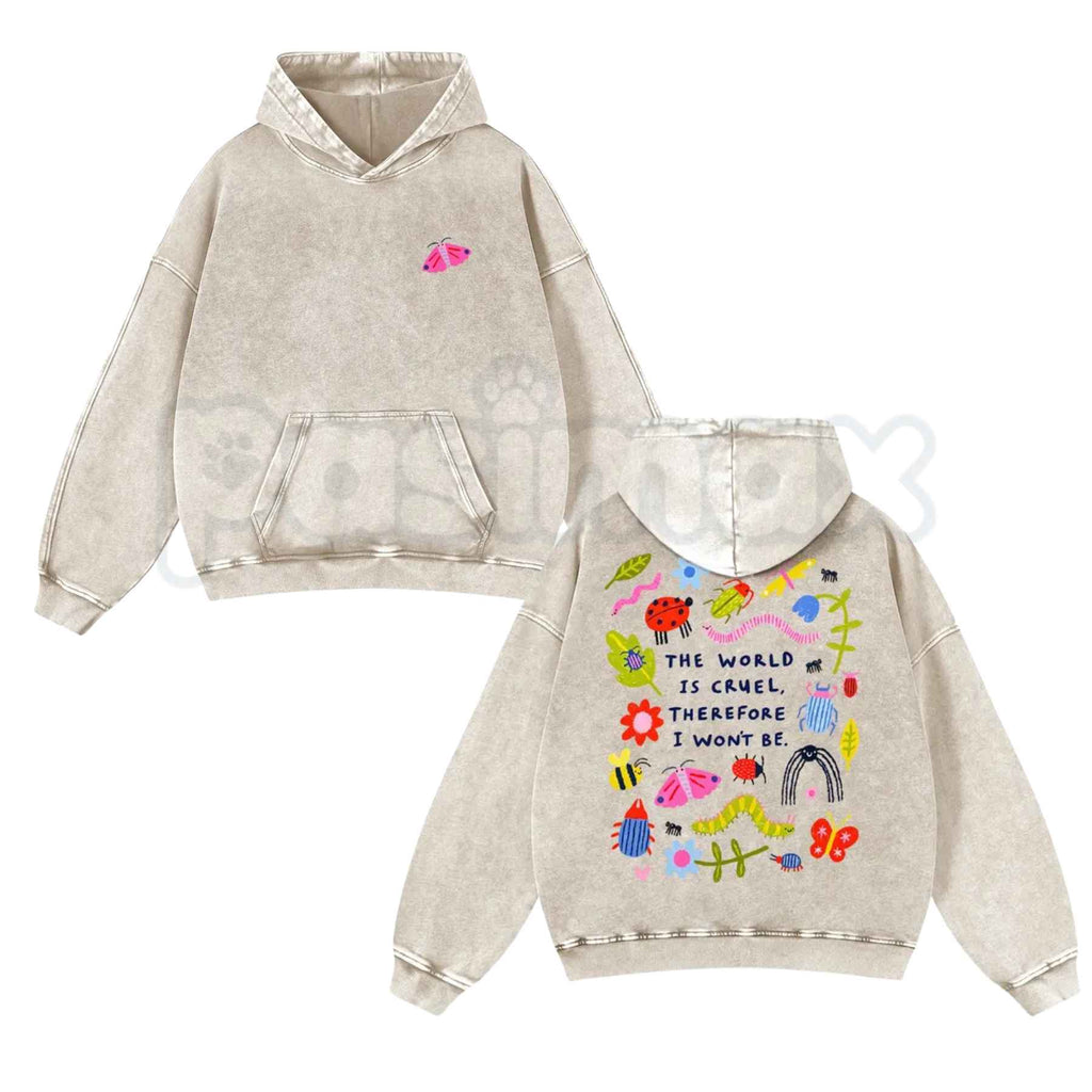 Cute Bug Print Pink Washed Hoodie – Vintage Aesthetic Pullover, Relaxed Streetwear Style