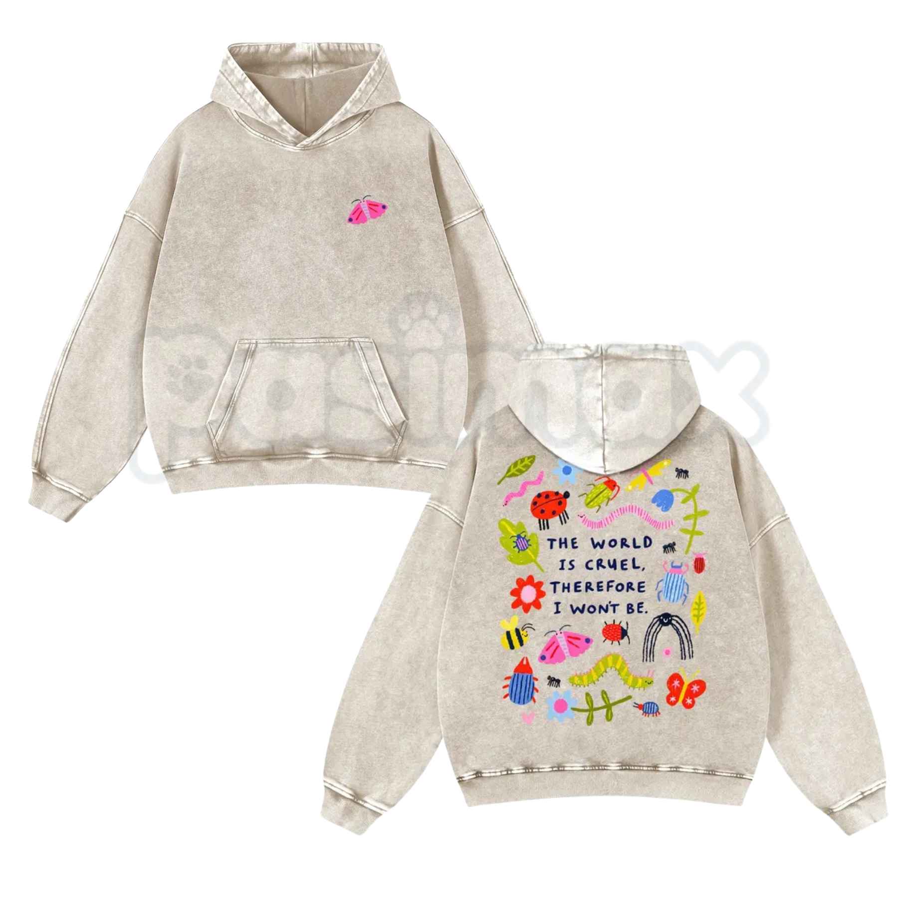 Cute Bug Print Pink Washed Hoodie – Vintage Aesthetic Pullover, Relaxed Streetwear Style