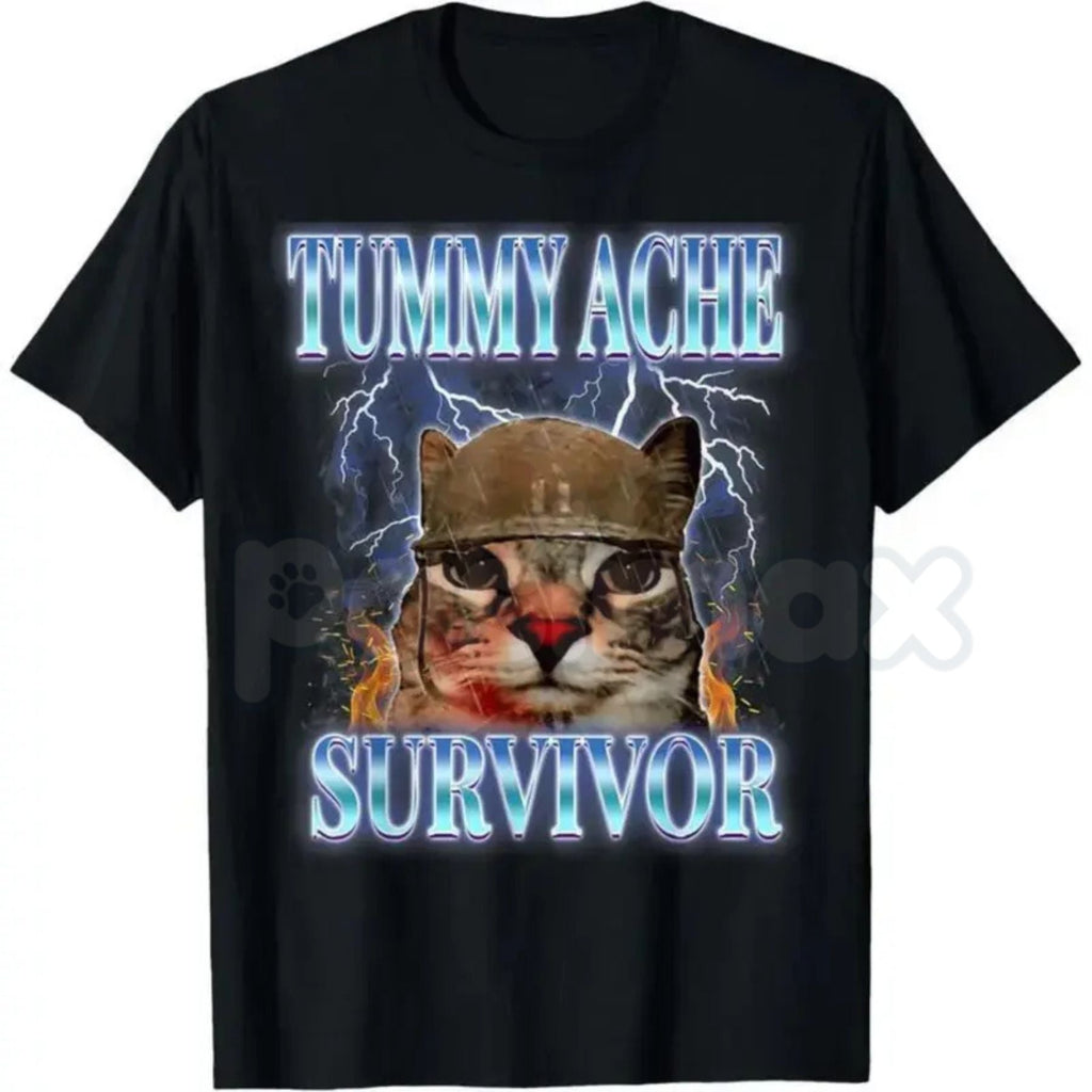 Funny "Tummy Ache Survivor" Cat Meme T-Shirt – Sarcastic Graphic Humor Tee, Premium 100% Cotton Relatable Animal Top, Soft Lived-In Heavyweight Dramatic Cat Shirt, Made in USA