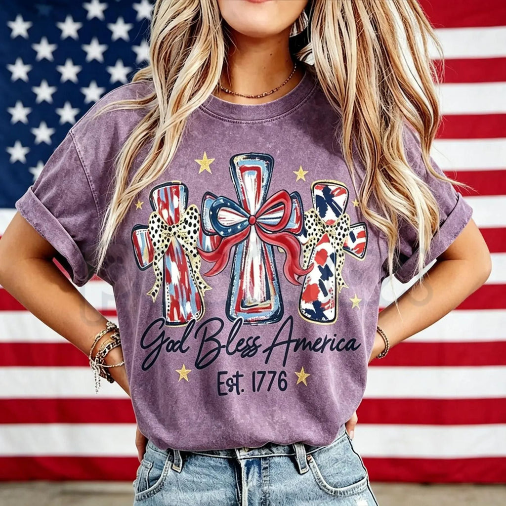 Women's God Bless America T-Shirt – Retro Patriotic 4th of July Graphic Tee, Vintage Washed Lightweight Cotton USA Country Pride Top
