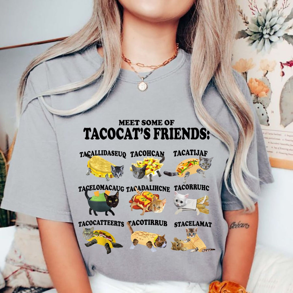 Tacocat and Friends T-Shirt - Funny Palindrome Cat Taco Graphic Tee, Unisex Humor Apparel