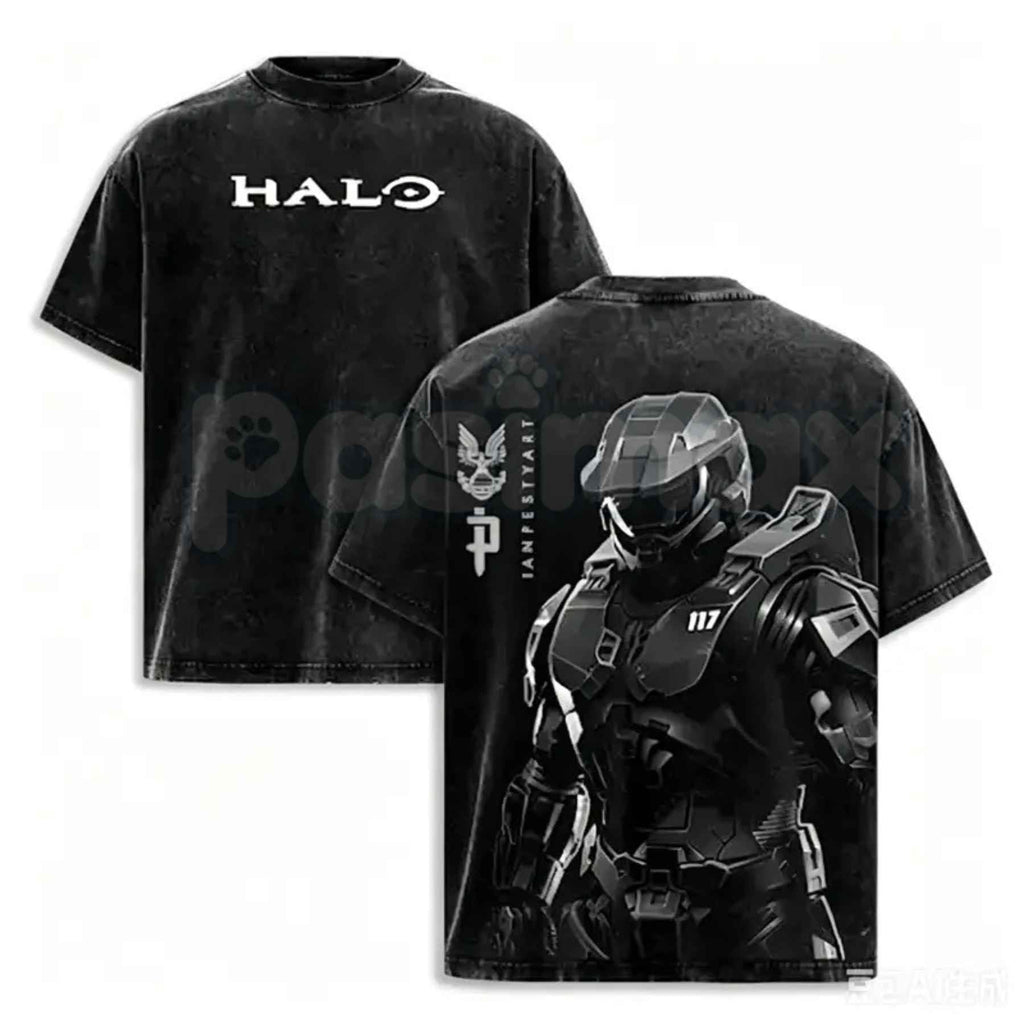 HALO Master Chief 117 T-Shirt – Retro Spartan Back Print Graphic Tee, Premium Acid Wash Oversized Lightweight Cotton Gaming Streetwear Top