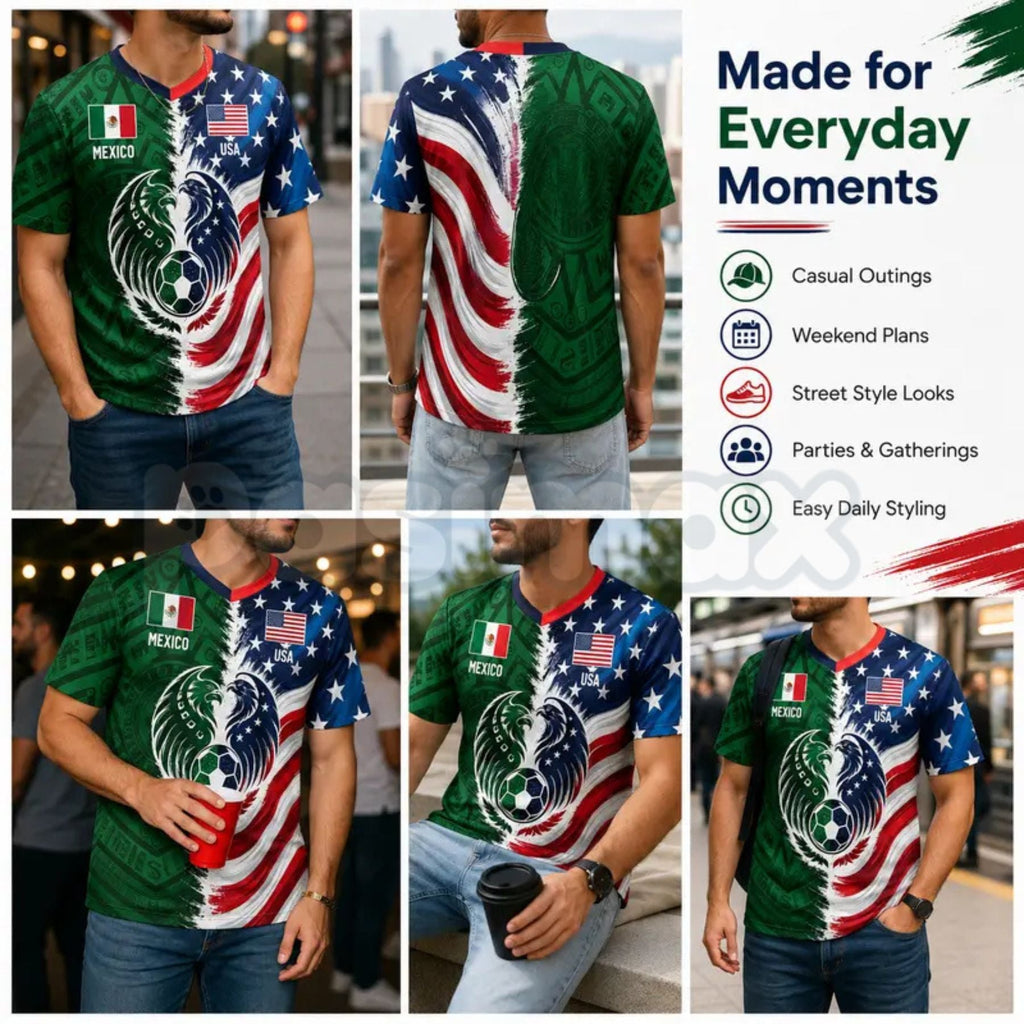 Split Half Mexico Green Tribal & US Stars Stripes Athletic V-Neck Shirt – Dual Heritage Soccer Jersey