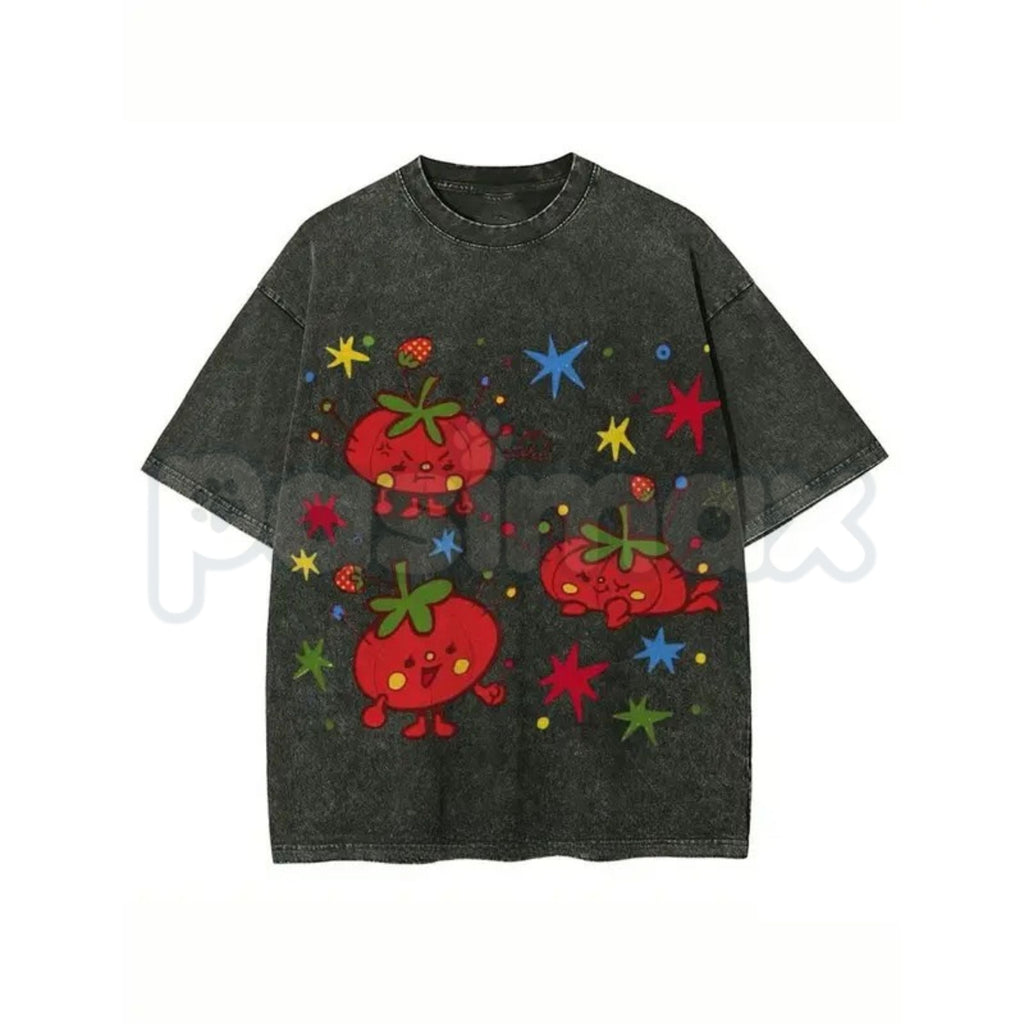 Cute Tomato Party Print T-Shirt – Retro Garden Vegetable Graphic Tee, Lightweight Vintage Washed Cotton Summer Top