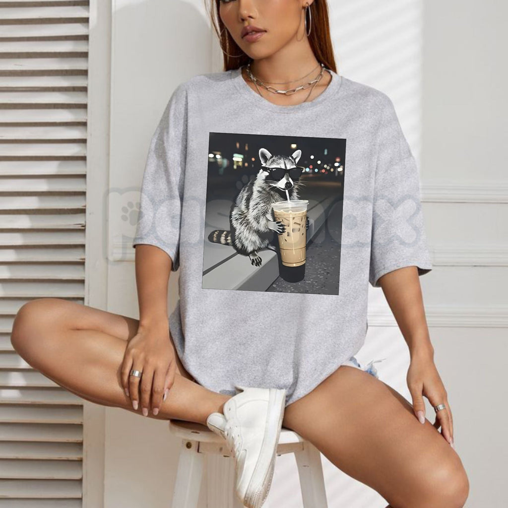 Funny Raccoon Drinking Iced Coffee T-Shirt - Caffeinated Trash Panda Graphic Tee, Relatable Iced Coffee Lover Shirt, Premium Heavyweight Unisex Animal Humor Top, Cute Sarcastic Raccoon Gift, Trendy Caffeinated Animal Streetwear