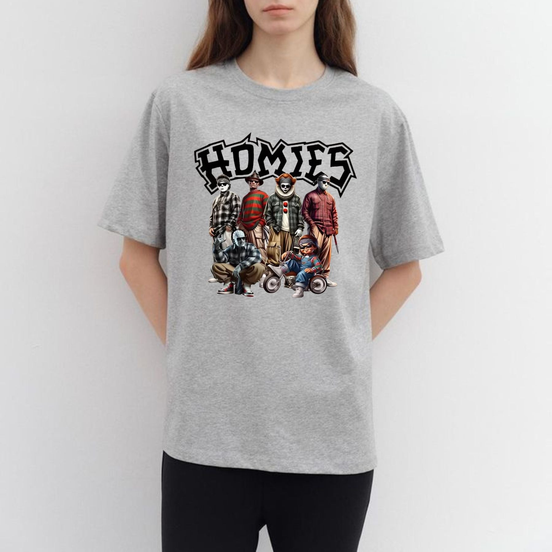 "Homies Horror" Movie Villains T-Shirt - Funny Chicano Lowrider Style Tee, Urban Halloween Streetwear
