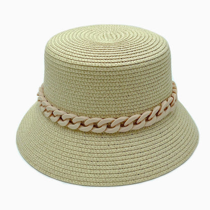 Beige Chain Straw Bucket Hat