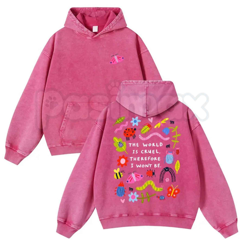 Cute Bug Print Pink Washed Hoodie – Vintage Aesthetic Pullover, Relaxed Streetwear Style
