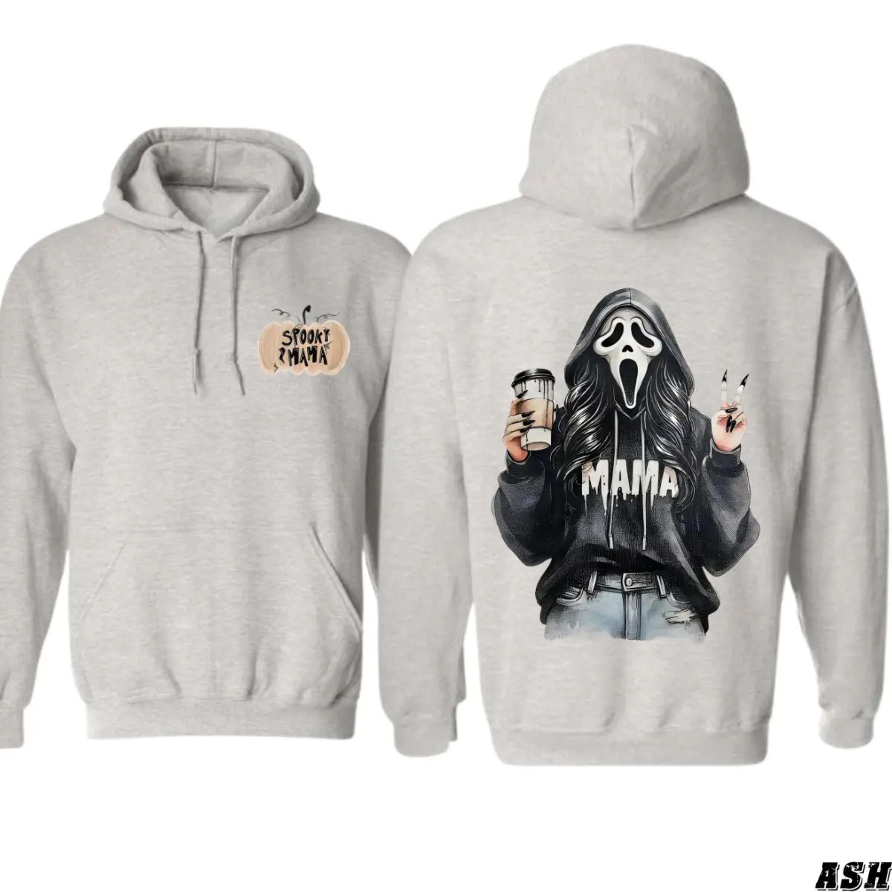 Spooky Mama Coffee Ghost Hoodie – Cozy Unisex Pullover for Moms, Fun Halloween Design, Perfect for Fall, Pumpkin Patch & Trick or Treating